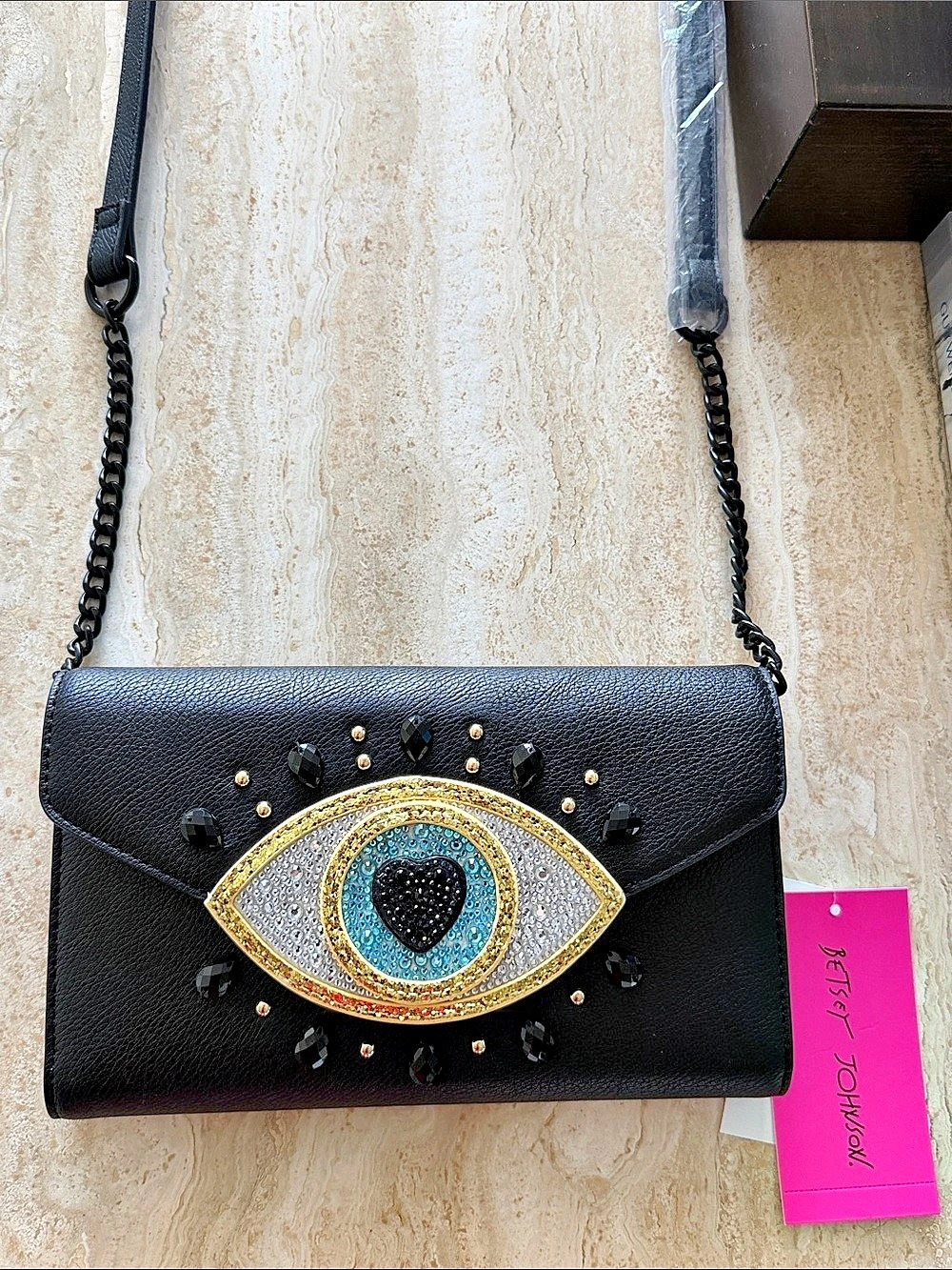 Betsey Johnson Evil Eye Wallet On A Chain Black & Gold